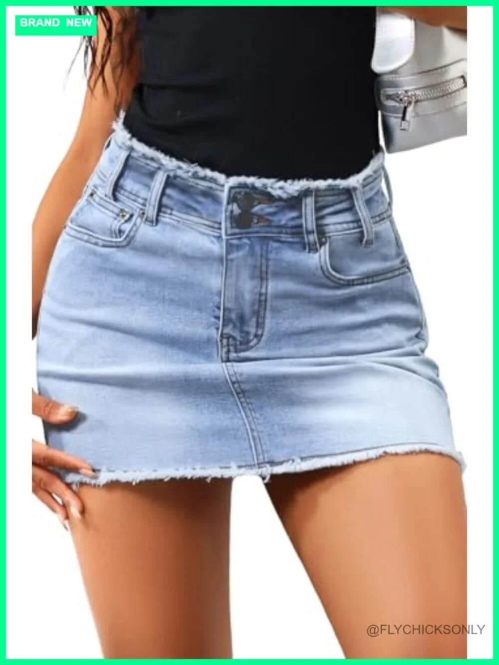 Raw Hem Jean Skirt Stretchy Denim Mini Skirt with Pockets Casual Outfit